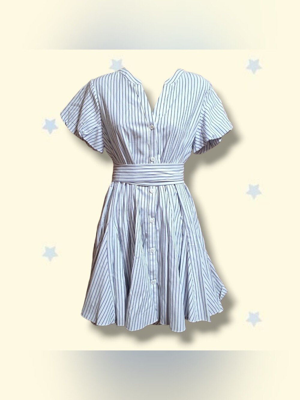 Aakaa White and Navy Vertical-Striped Fit & Flare Dress